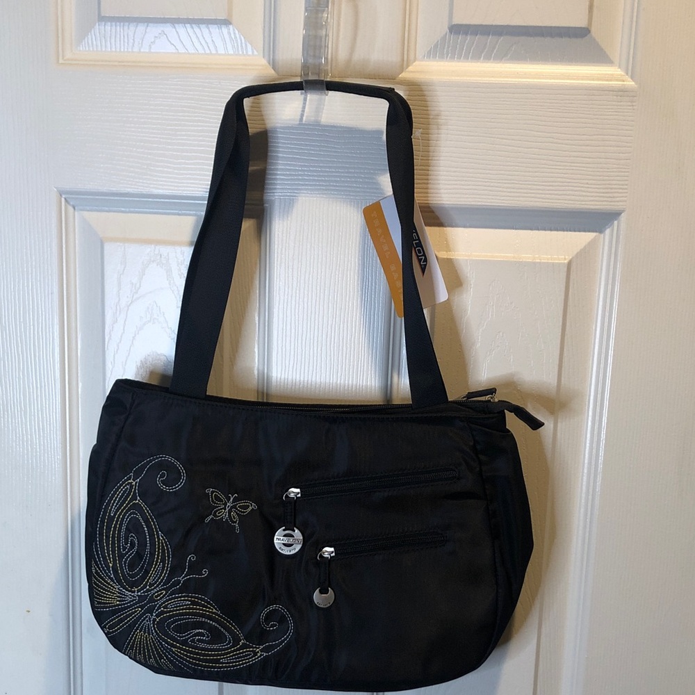TRAVELON Black Shoulder Bag with Gold Butterfly Embroidery